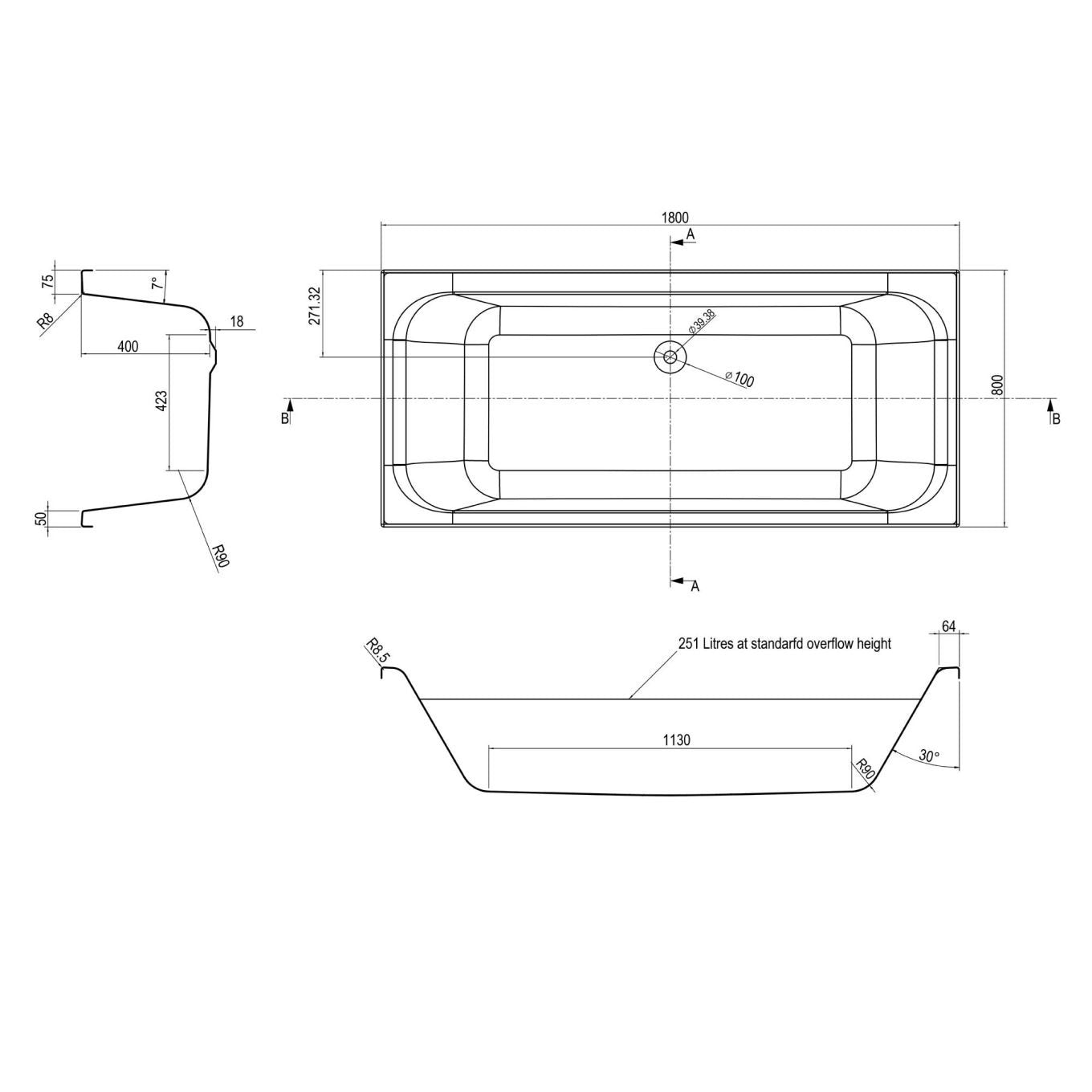 Metro Acrylic White Double Ended Bath 1800x800mm