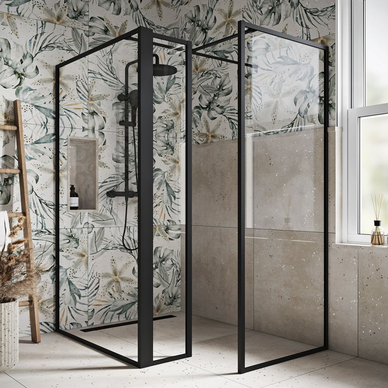 Amien Matt Black Clear Glass Single Frame Return Panel 300mm