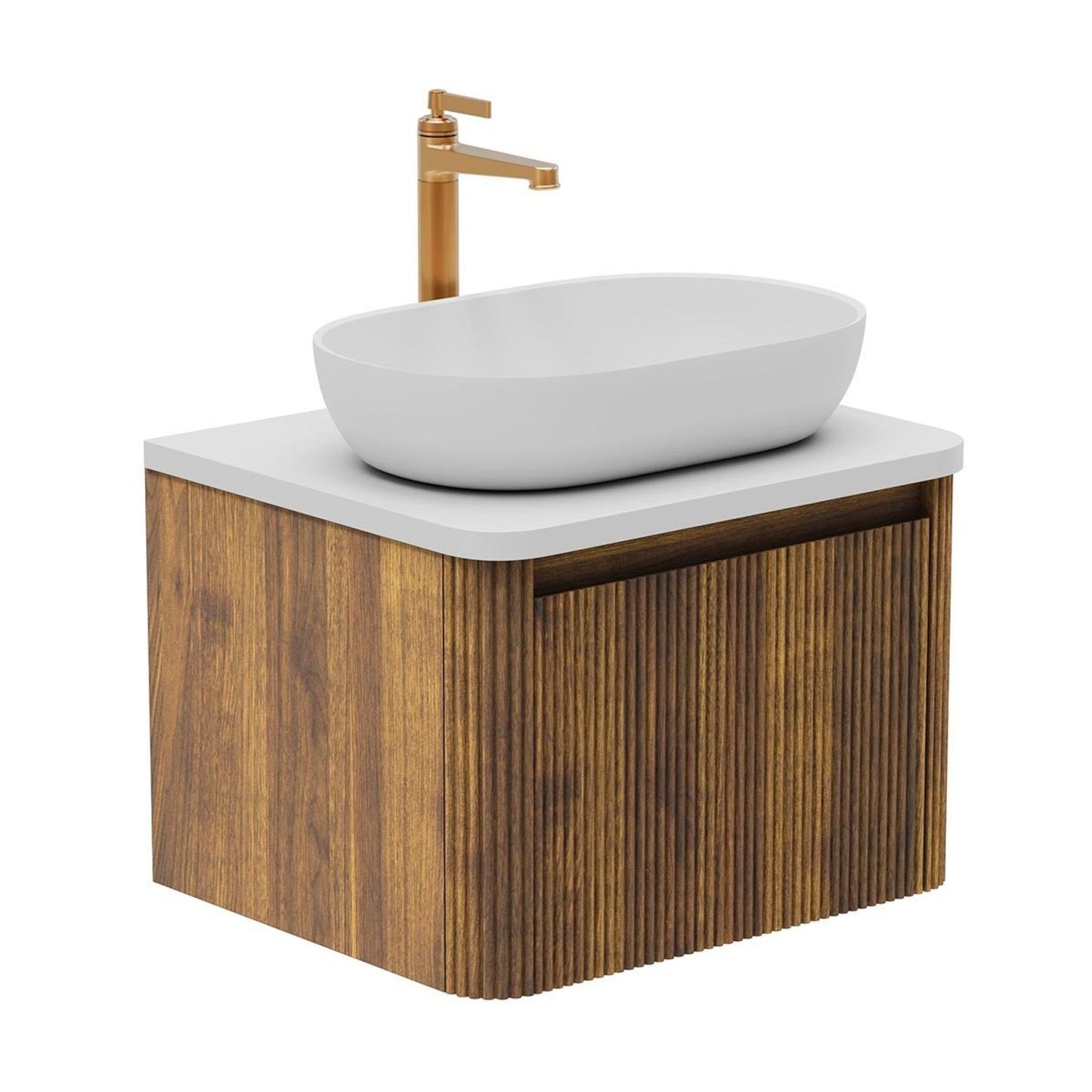 Wish Ribbed Wall Hung Vanity Unit in Walnut with White Worktop