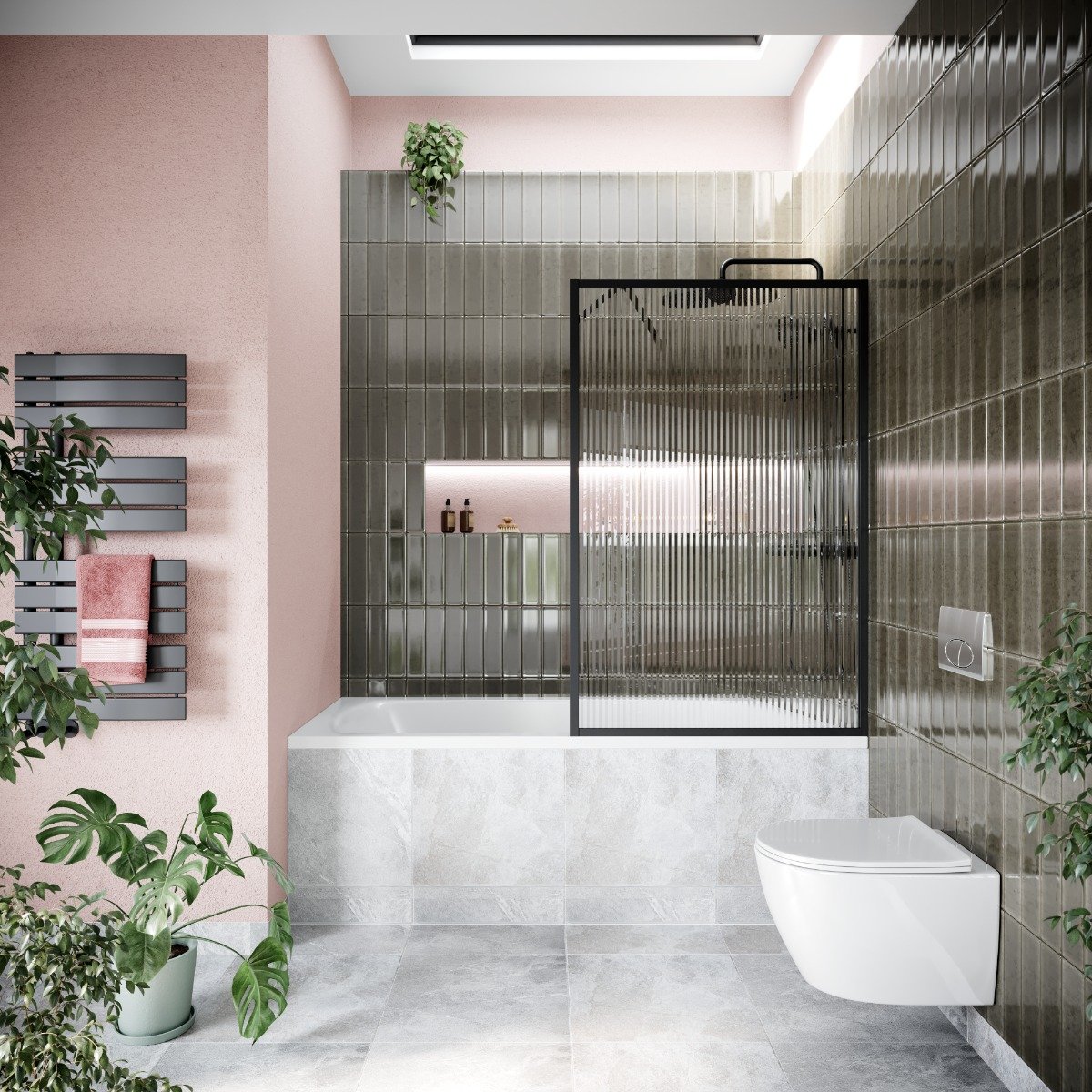Amien Matt Black Framed Fluted Glass Bath Screen 1500x800mm
