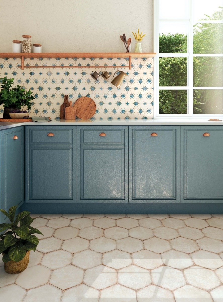 Elise Decor Blue Hexagon Matt Porcelain Tile 228x198mm
