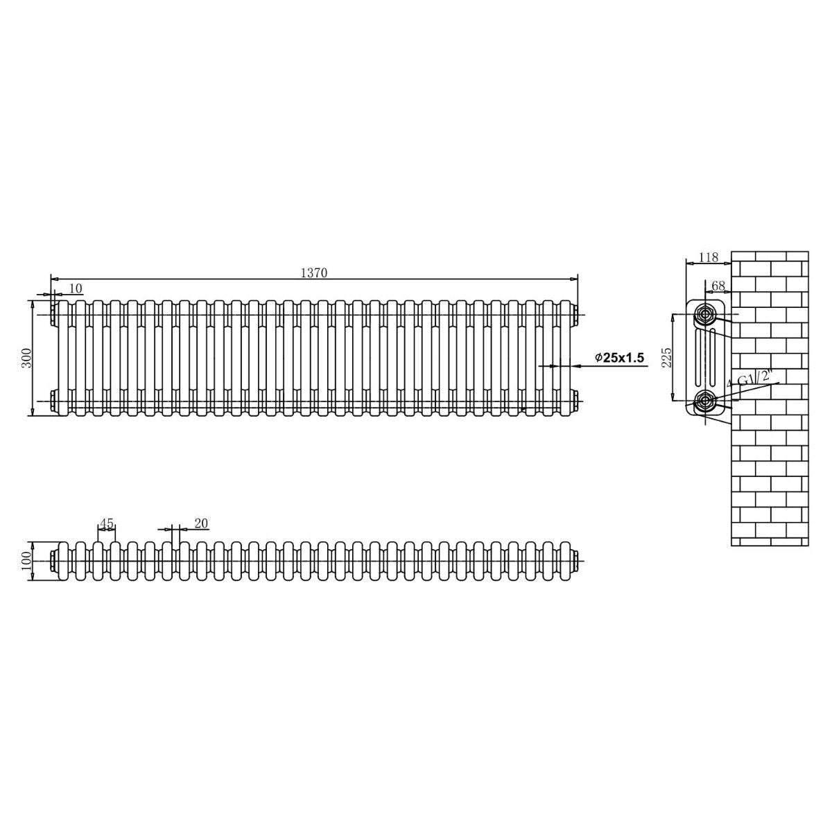 Upton White Triple Horizontal Column Radiator 300x1370mm