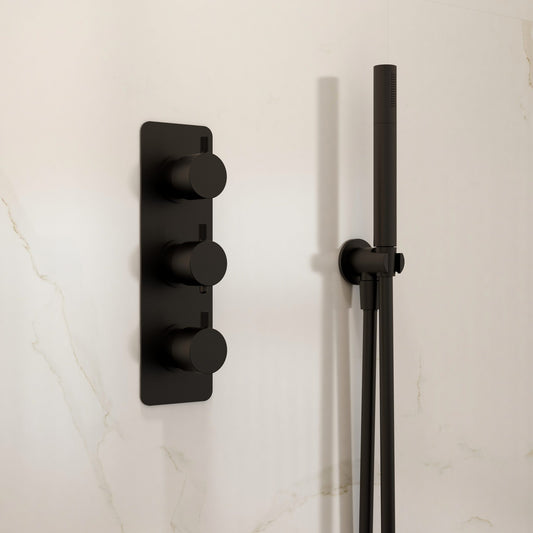 Ravine Matt Black Three Handle, Two Outlet, Concealed Thermostatic Shower