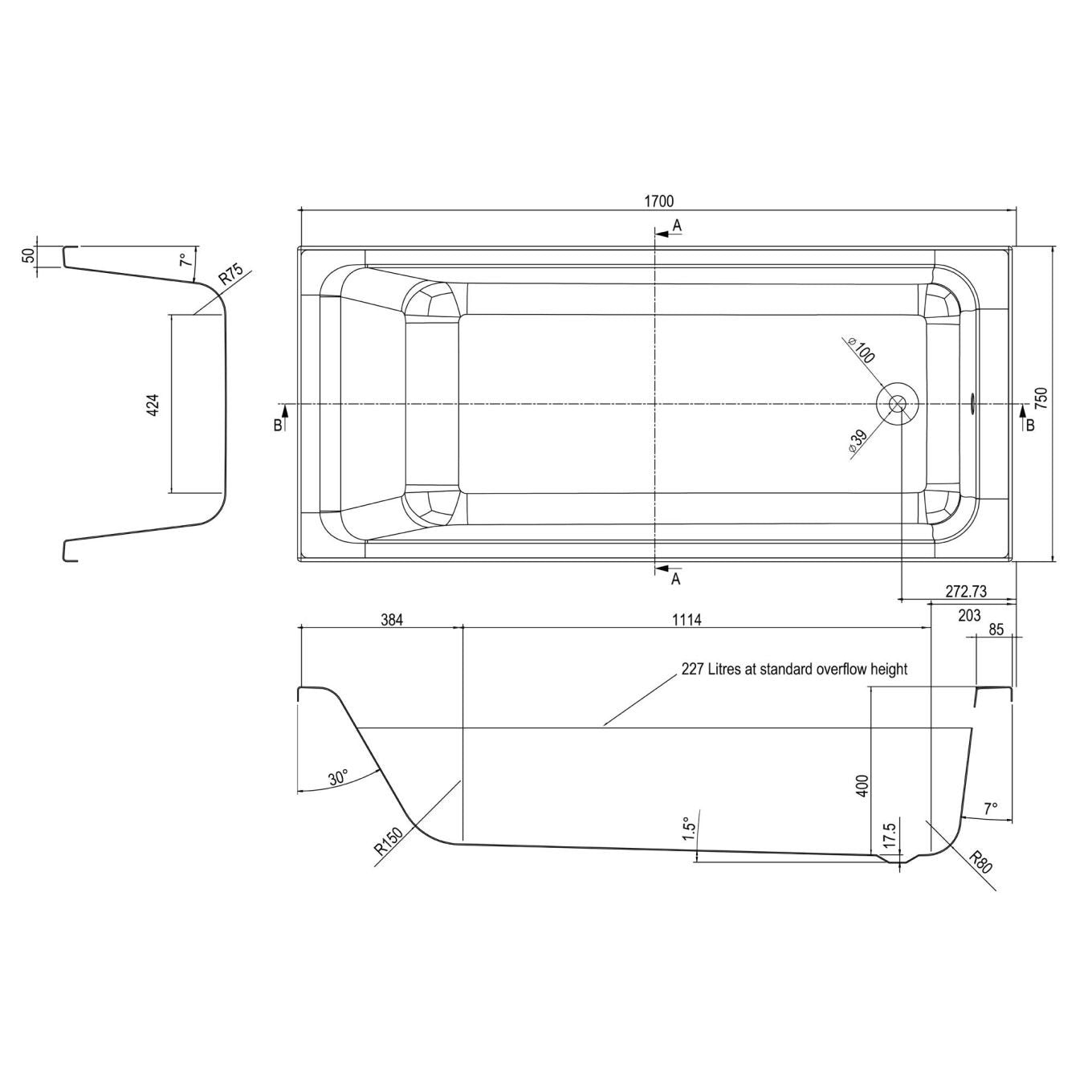 Aero Super Strong Acrylic Single Ended Bath 1700x750mm