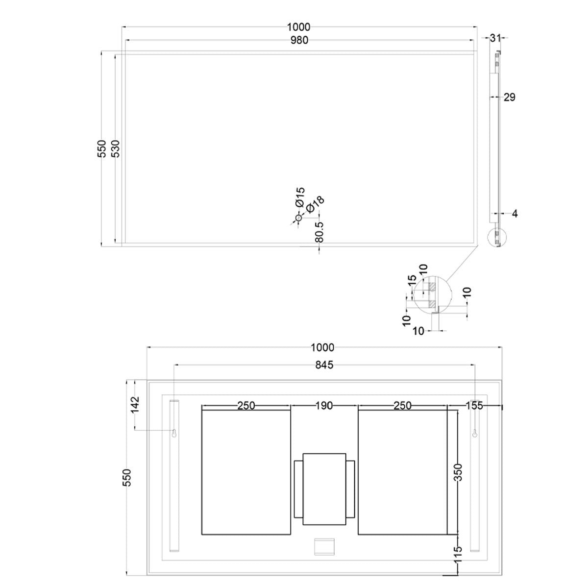 Rione Rectangular Black Backlit LED Mirror 1000x550mm