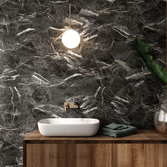 Salerno Black Matt Marble Hexagon Tile 198x228mm