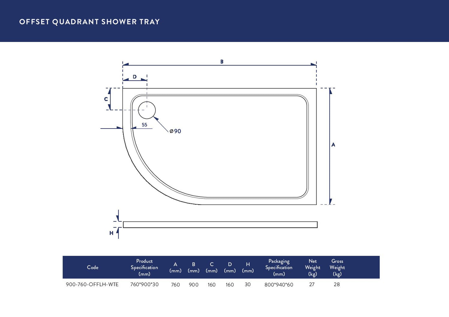 Eco-Stone Offset Quad Shower Tray LH 900 X 760