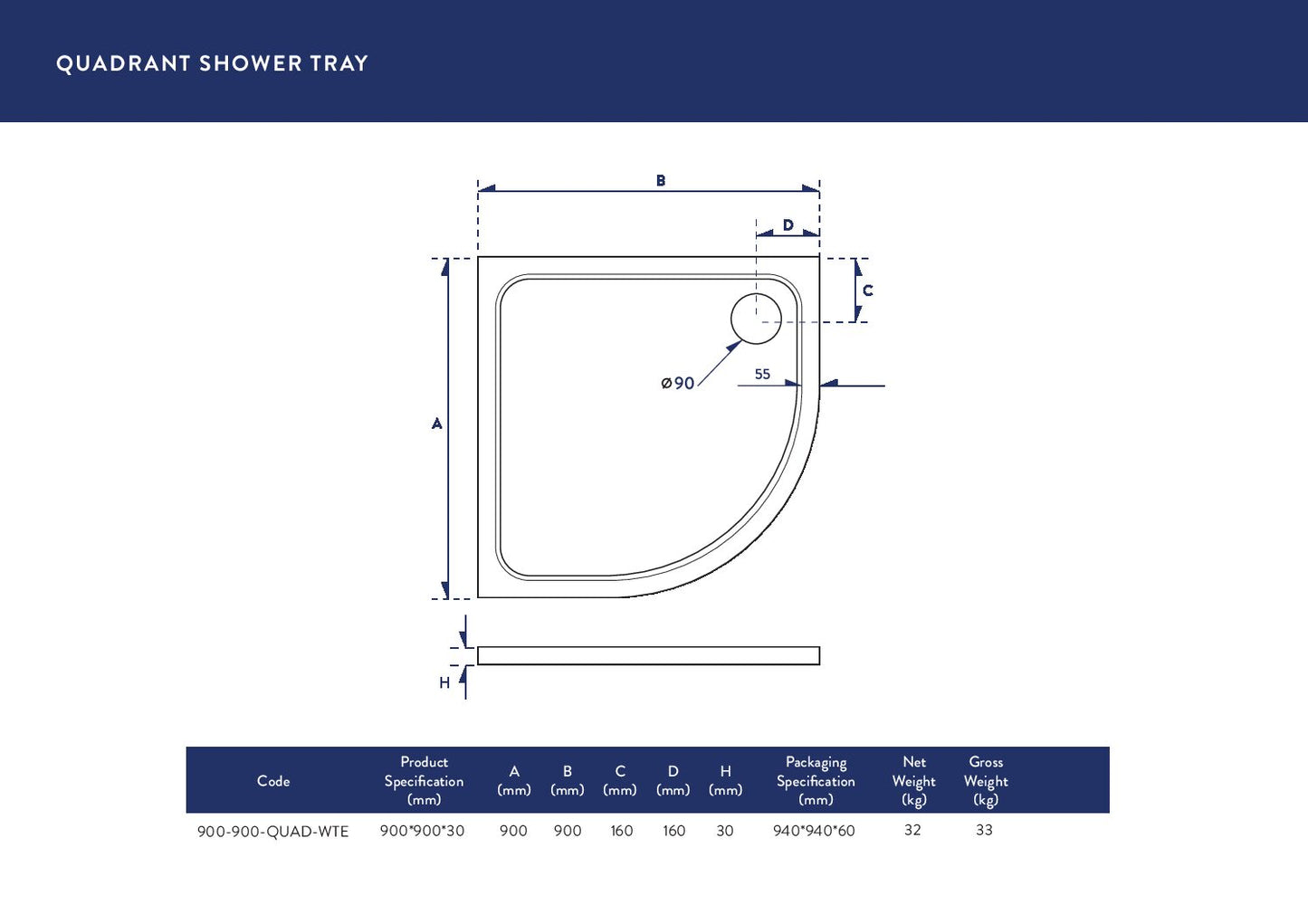 Eco-Stone Quadrant Shower Tray 900 X 900
