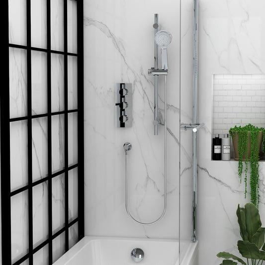 Arco pack 7 – Arco 3 handle dual outlet concealed valve with adjustable head, bath overflow filler and slide rail kit (KI465)
