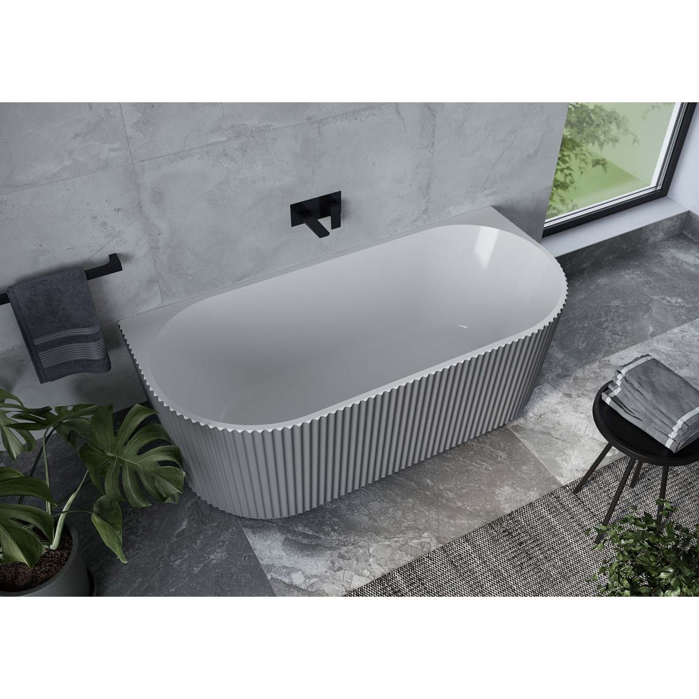 Rocklin Light Grey Back to Wall Ribbed Freestanding Bath 1700x800mm