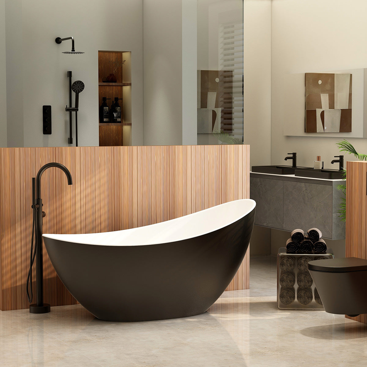 1600mm Arco slipper bath – freestanding bath with matt black exterior including white dome clicker bath waste