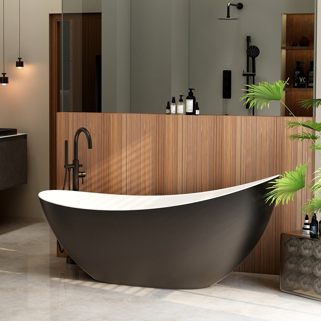 1600mm Arco slipper bath – freestanding bath with matt black exterior including white dome clicker bath waste