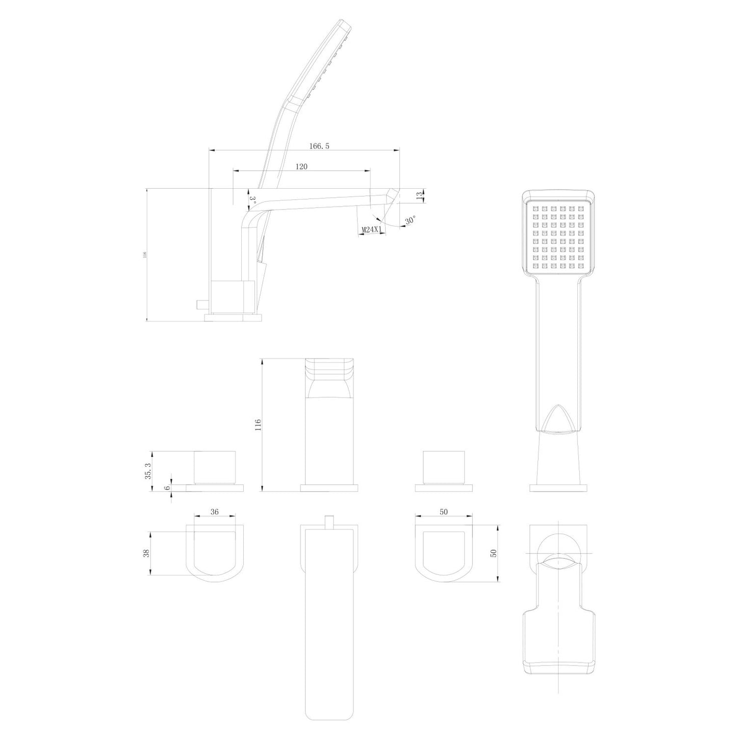 Muro Black 4 Hole Bath Mixer