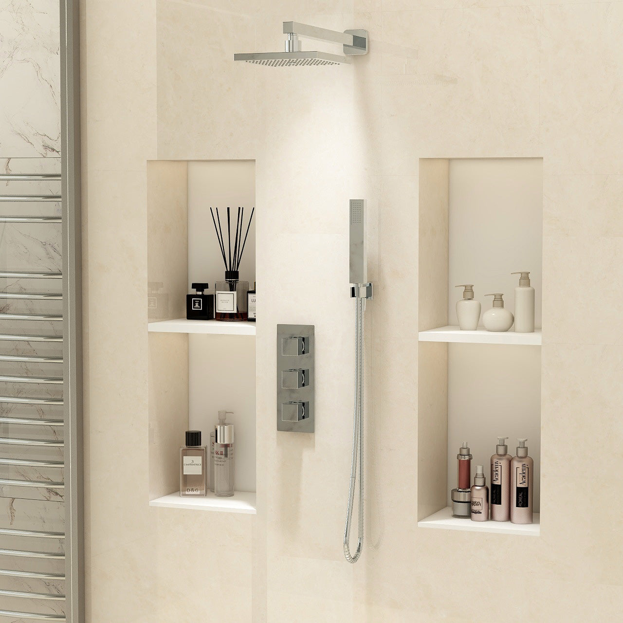 Bloque twin outlet three handle thermostatic concealed valve