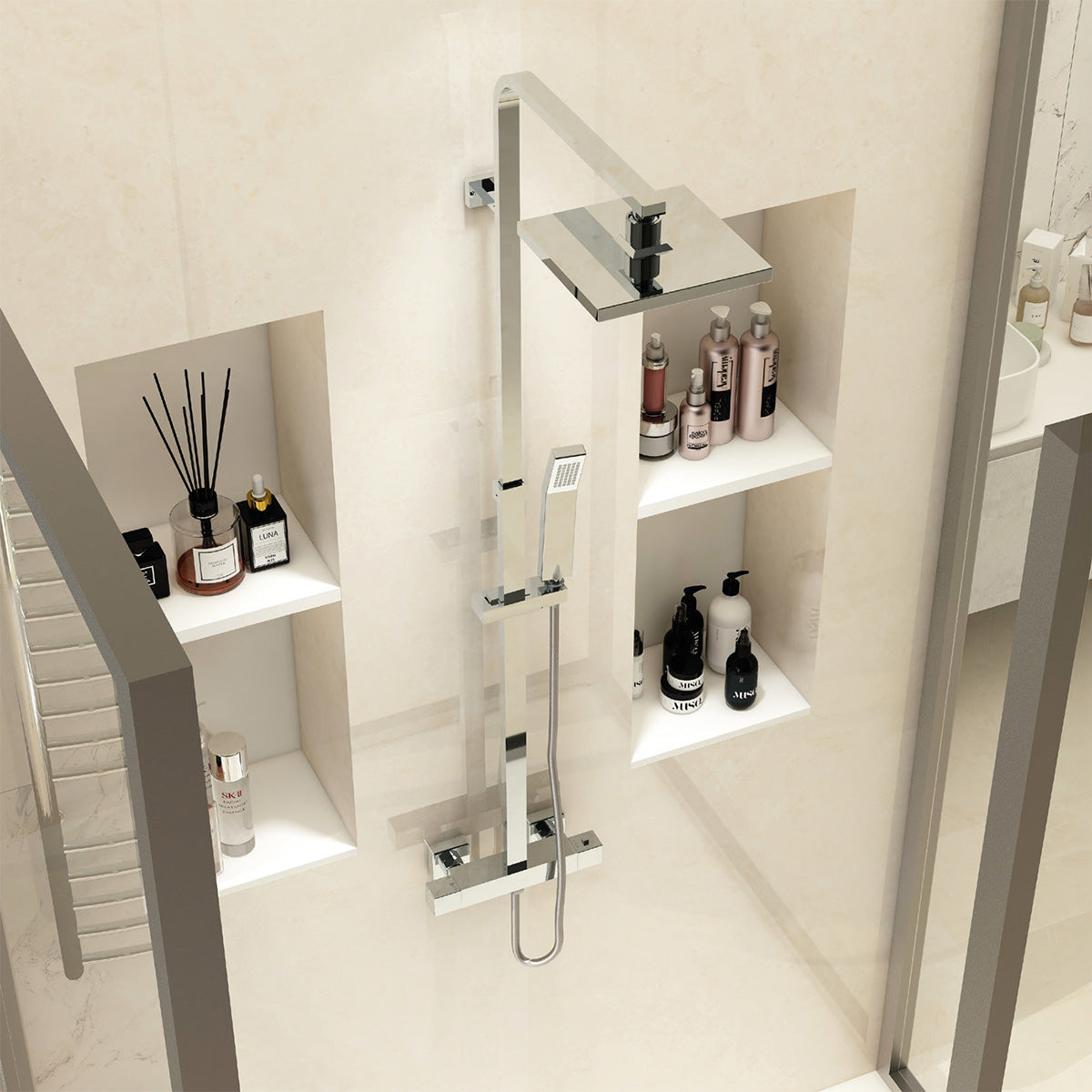 Bloque dual outlet bar valve with integral diverter with fixed head and handset