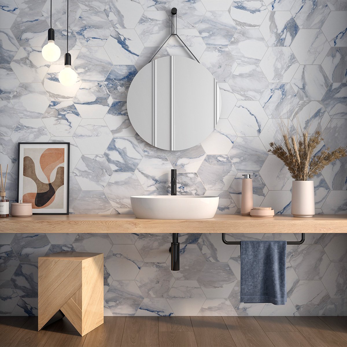 Charlie Blue Hex Marble Matt Porcelain Tile 290x258mm