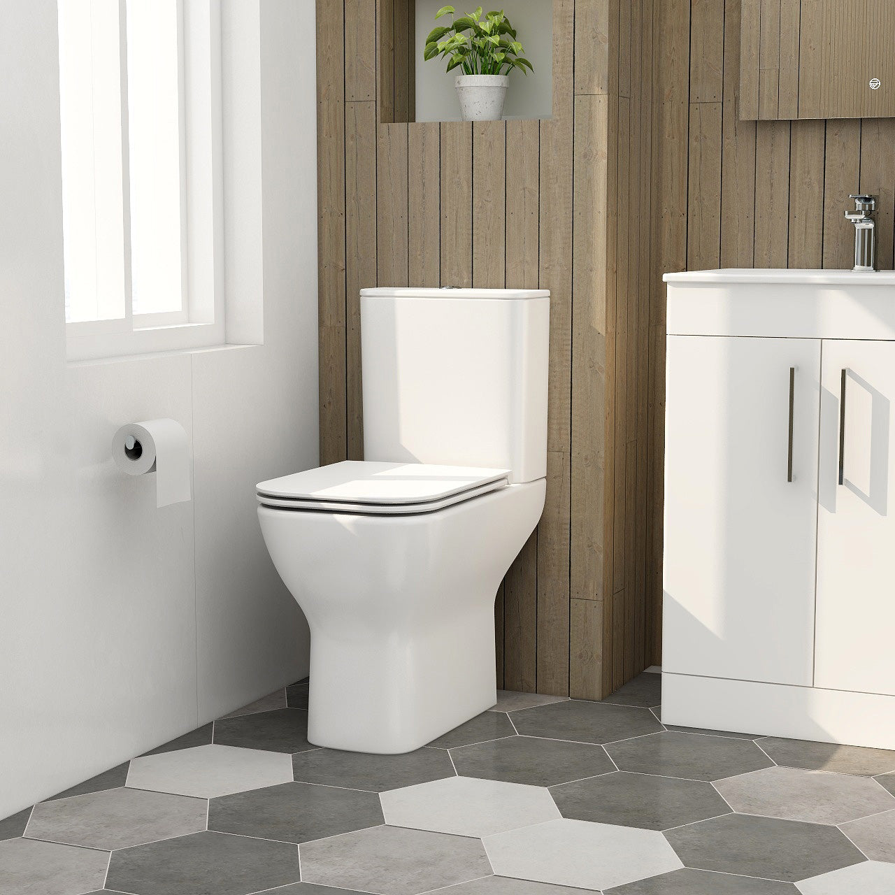 Quadro comfort height close coupled open back pan & cistern