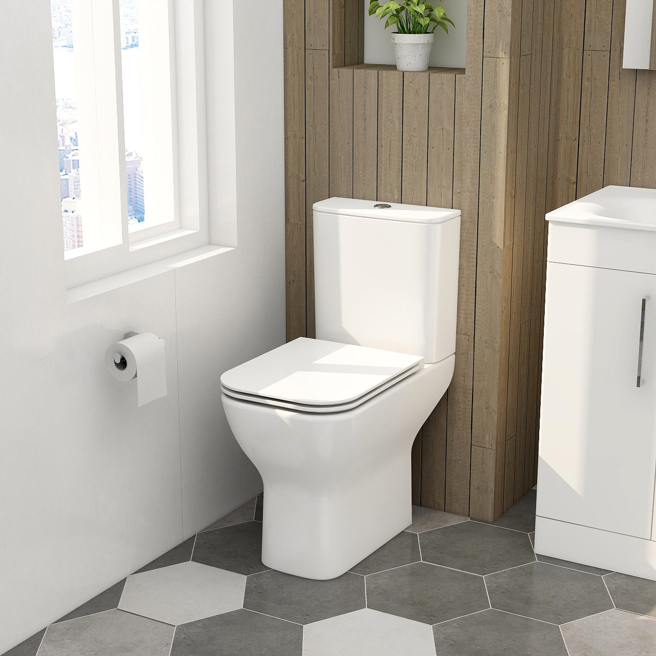 Quadro comfort height close coupled open back pan & cistern