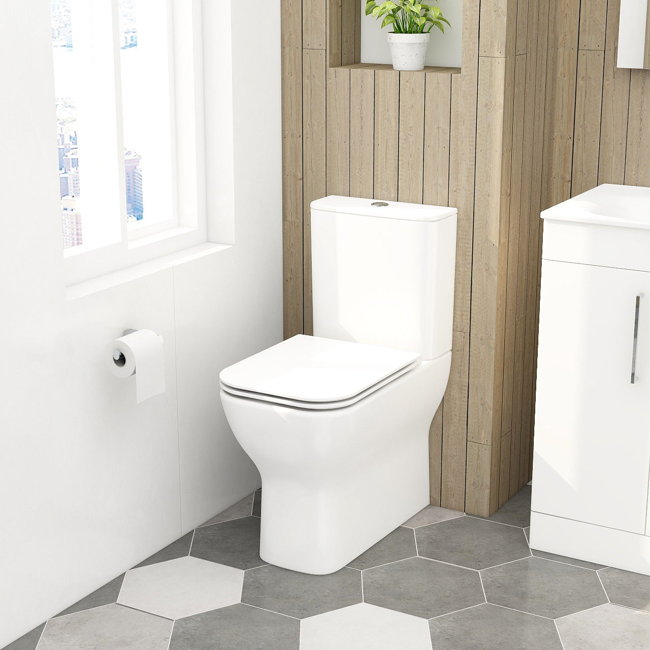Quadro comfort height close coupled closed back pan & cistern