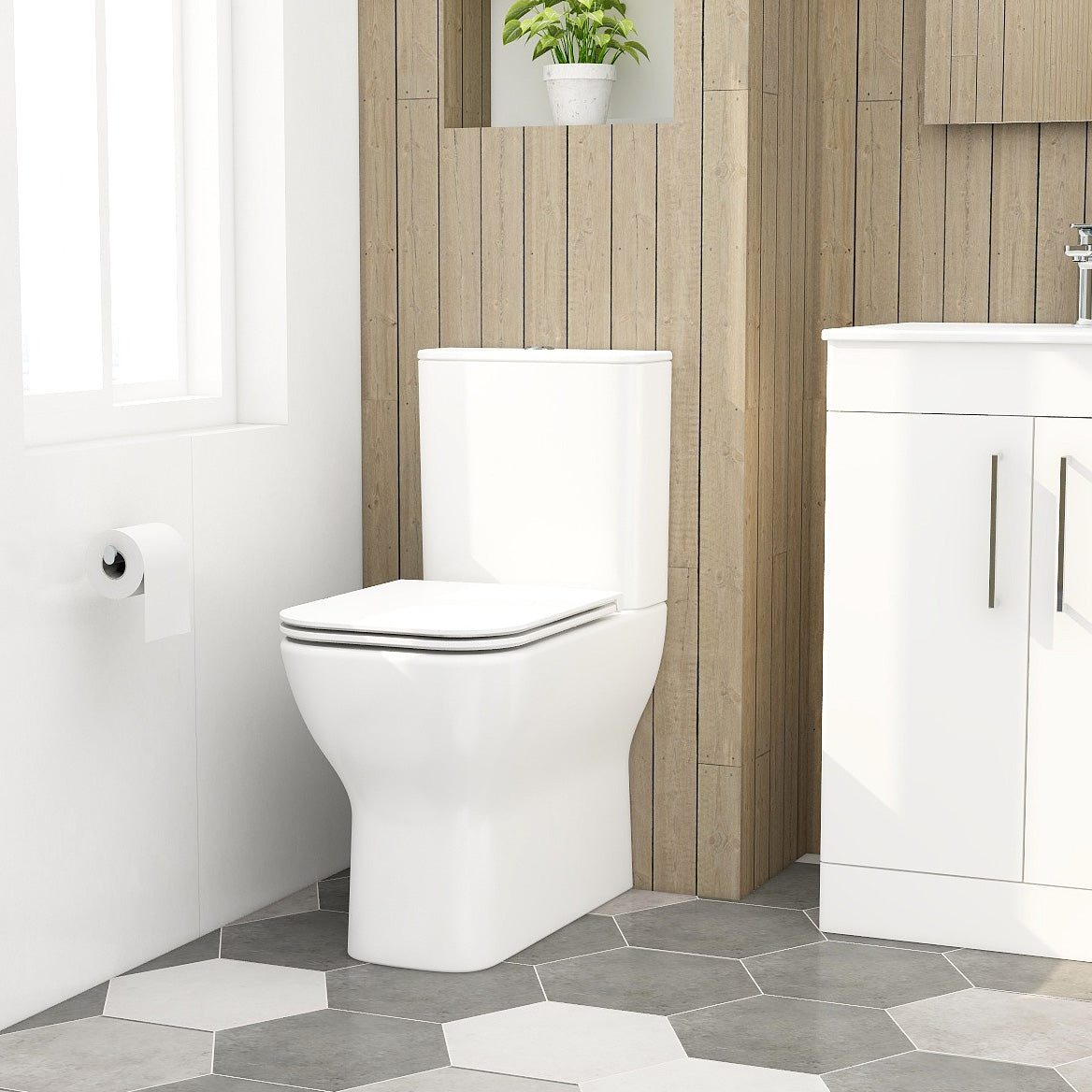 Quadro comfort height close coupled closed back pan & cistern