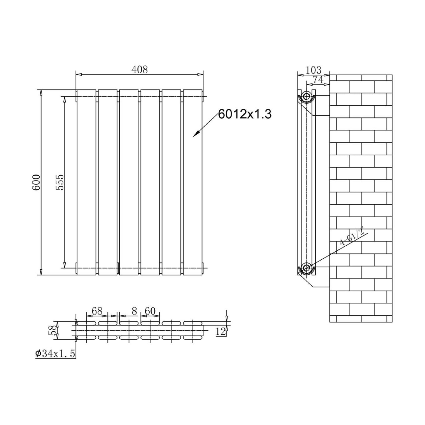 Perth Matt Black Double Vertical Flat Panel Radiator 600x408mm