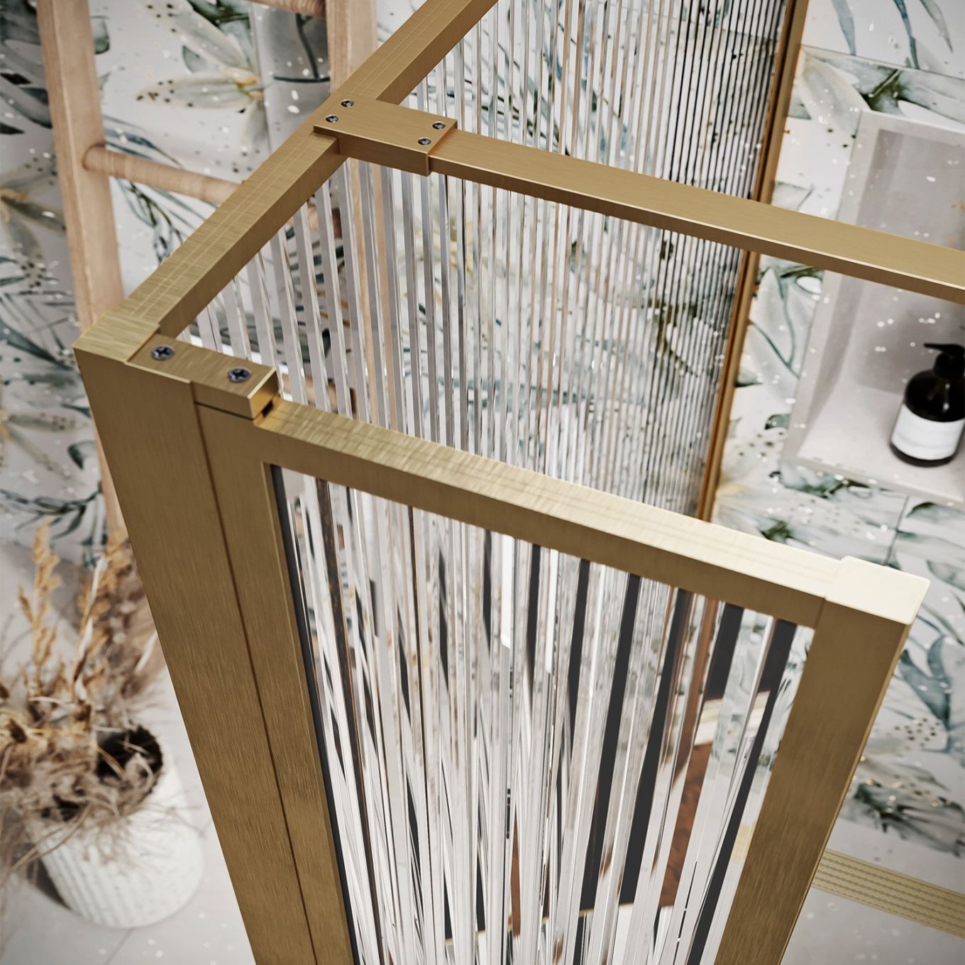 Amien Brushed Gold Ribbed Glass Single Frame Return Panel 300mm