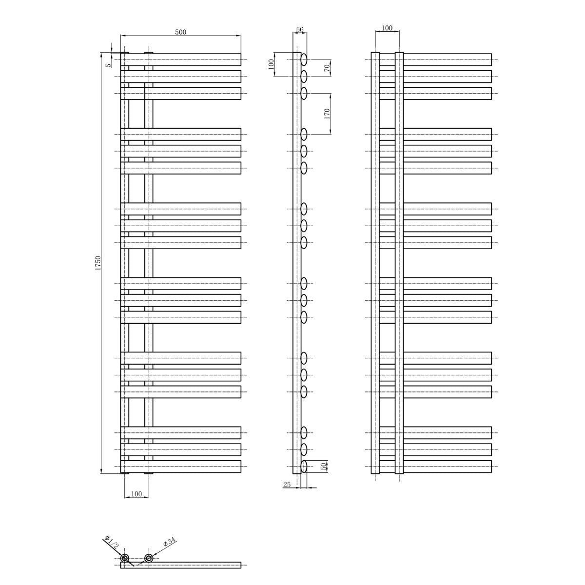 Rayner White Designer Heated Towel Rail 1750x500mm