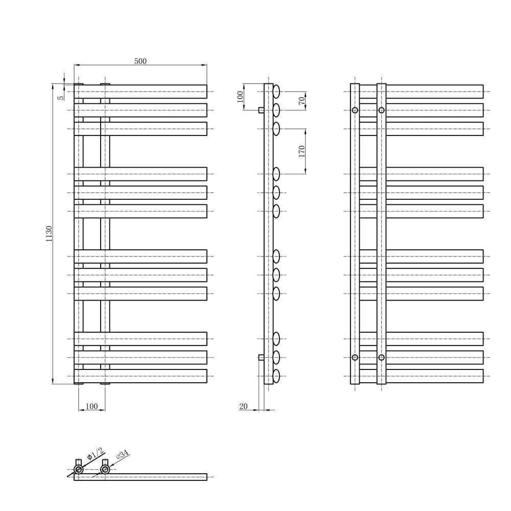 Rayner Matt Black Designer Heated Towel Rail 1130x500mm