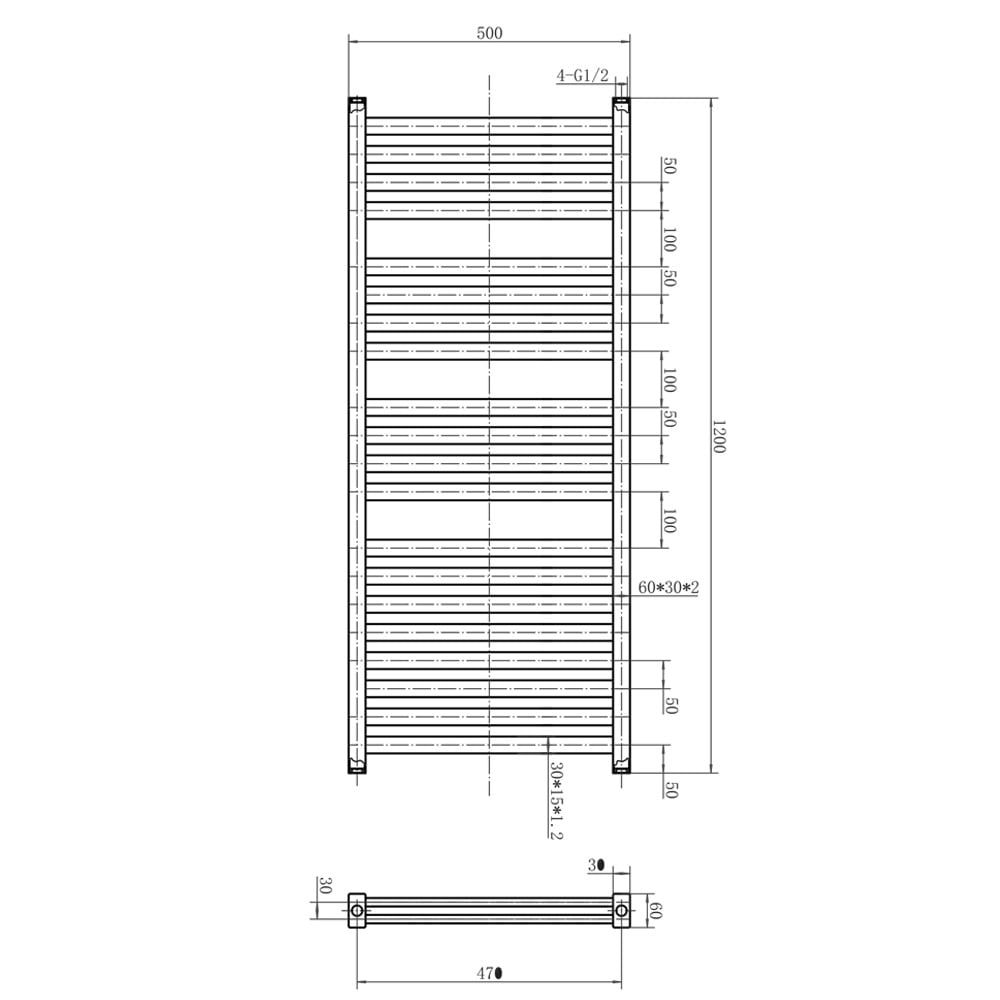 Teon White Double Heated Towel Rail 1200x500mm
