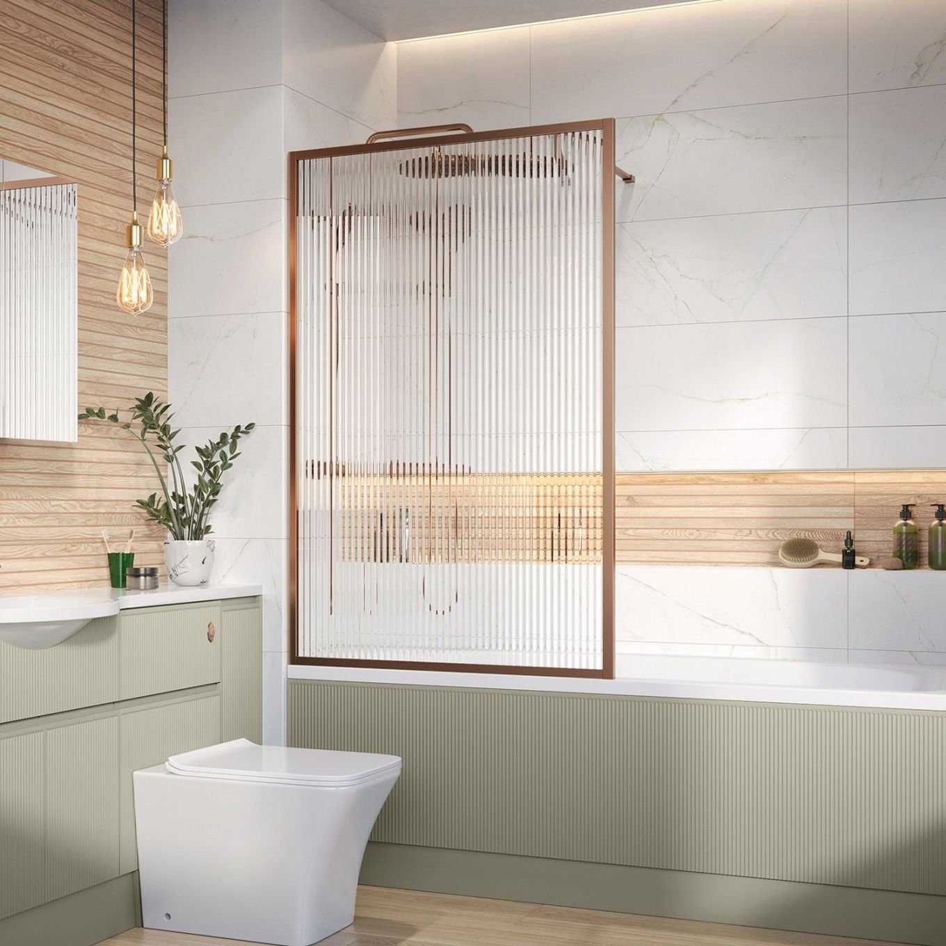 Amien Framed Fluted Glass Bath Screen Brushed Bronze 1500x800mm