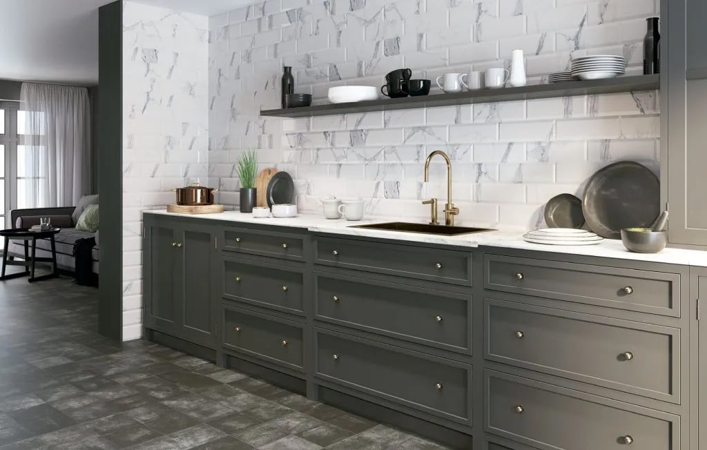 Metro Calacatta Marble Ceramic Brick Tile 100x300mm