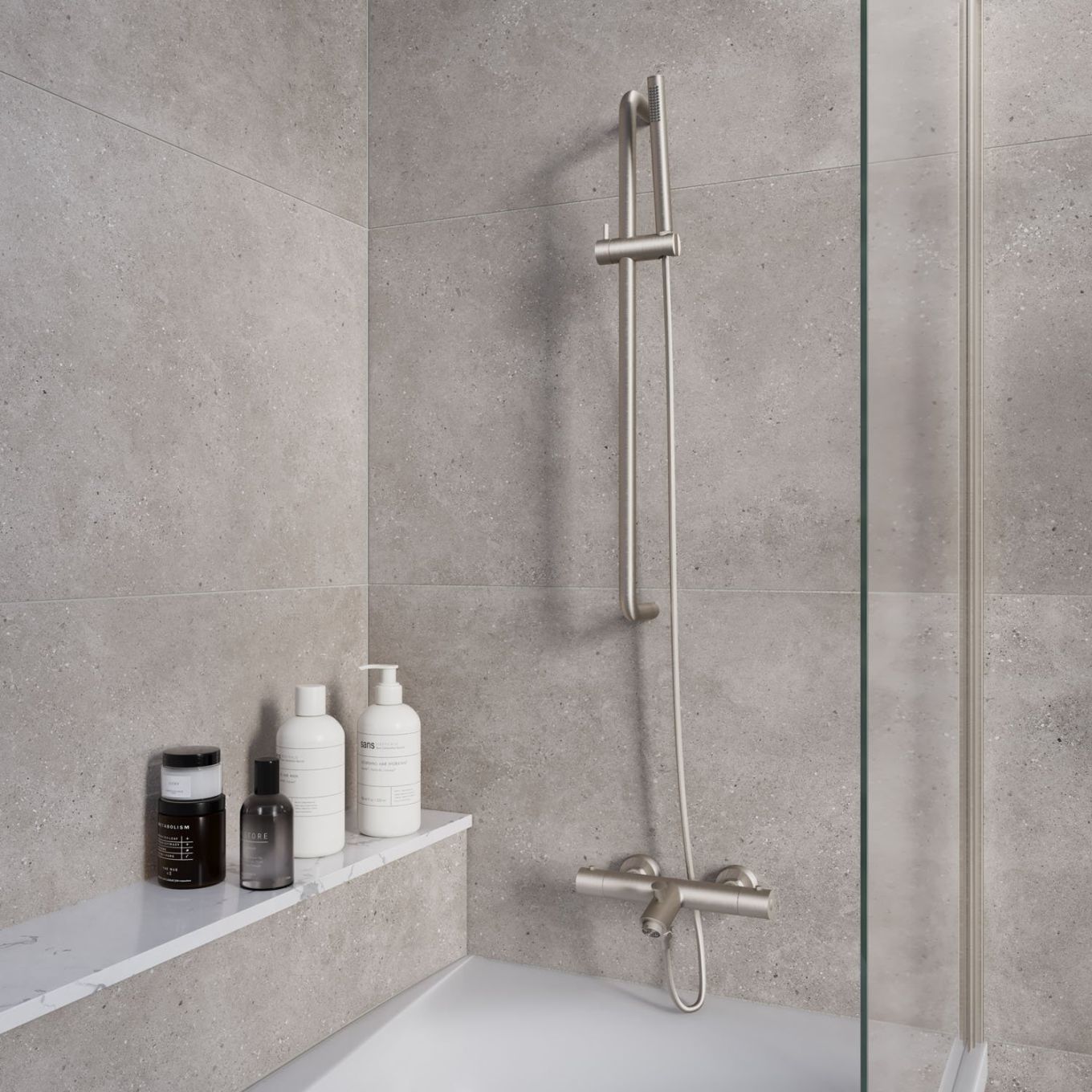Elora Brushed Nickel Round Thermostatic Bath Shower Mixer with Slide Rail Kit