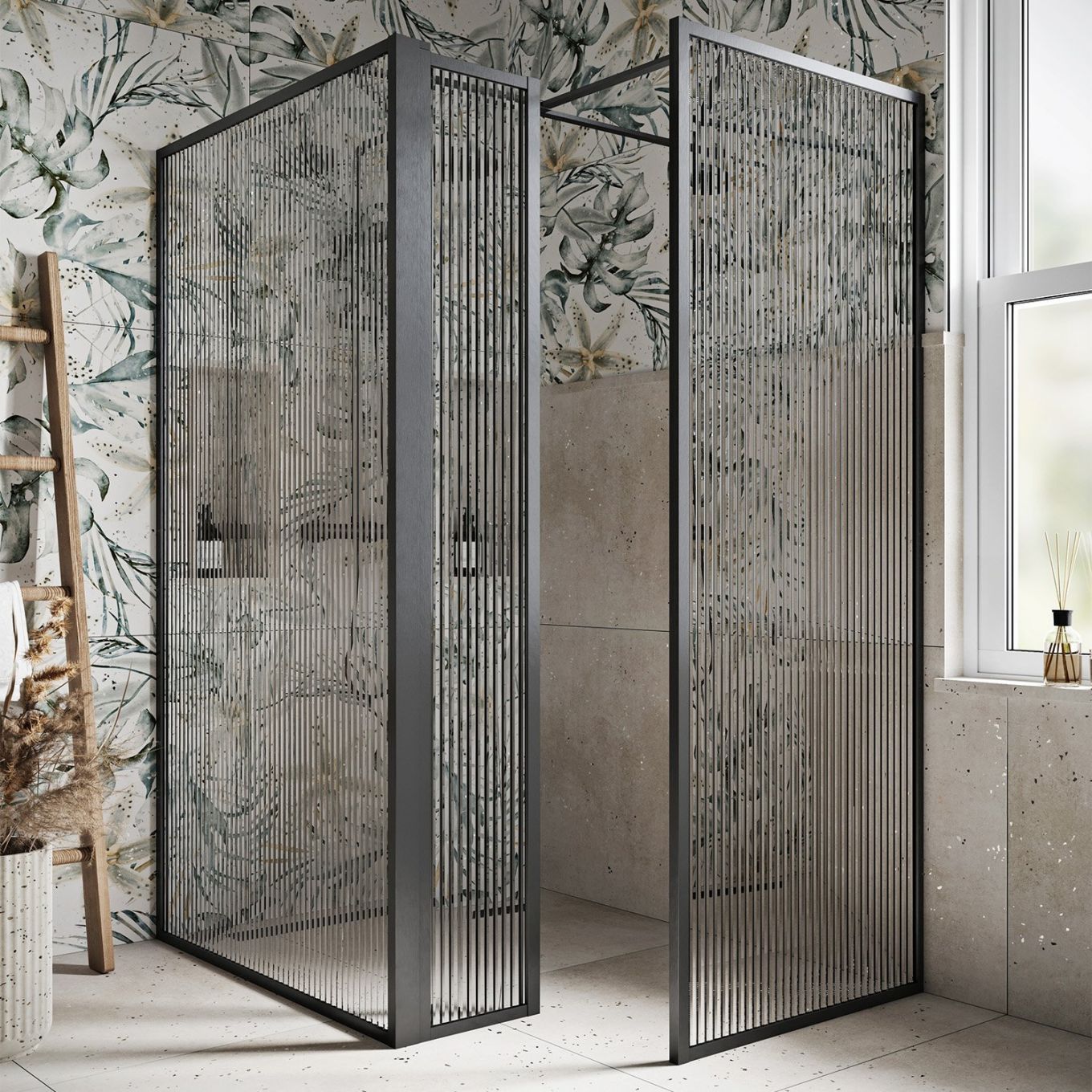 Amien Gunmetal Grey Ribbed Glass Single Frame Return Panel 300mm