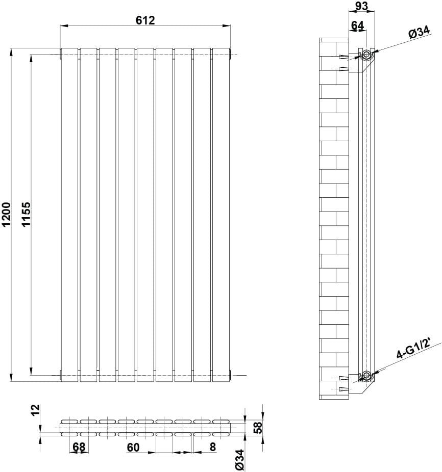 Perth Matt Black Double Vertical Flat Panel Radiator 1200x612mm