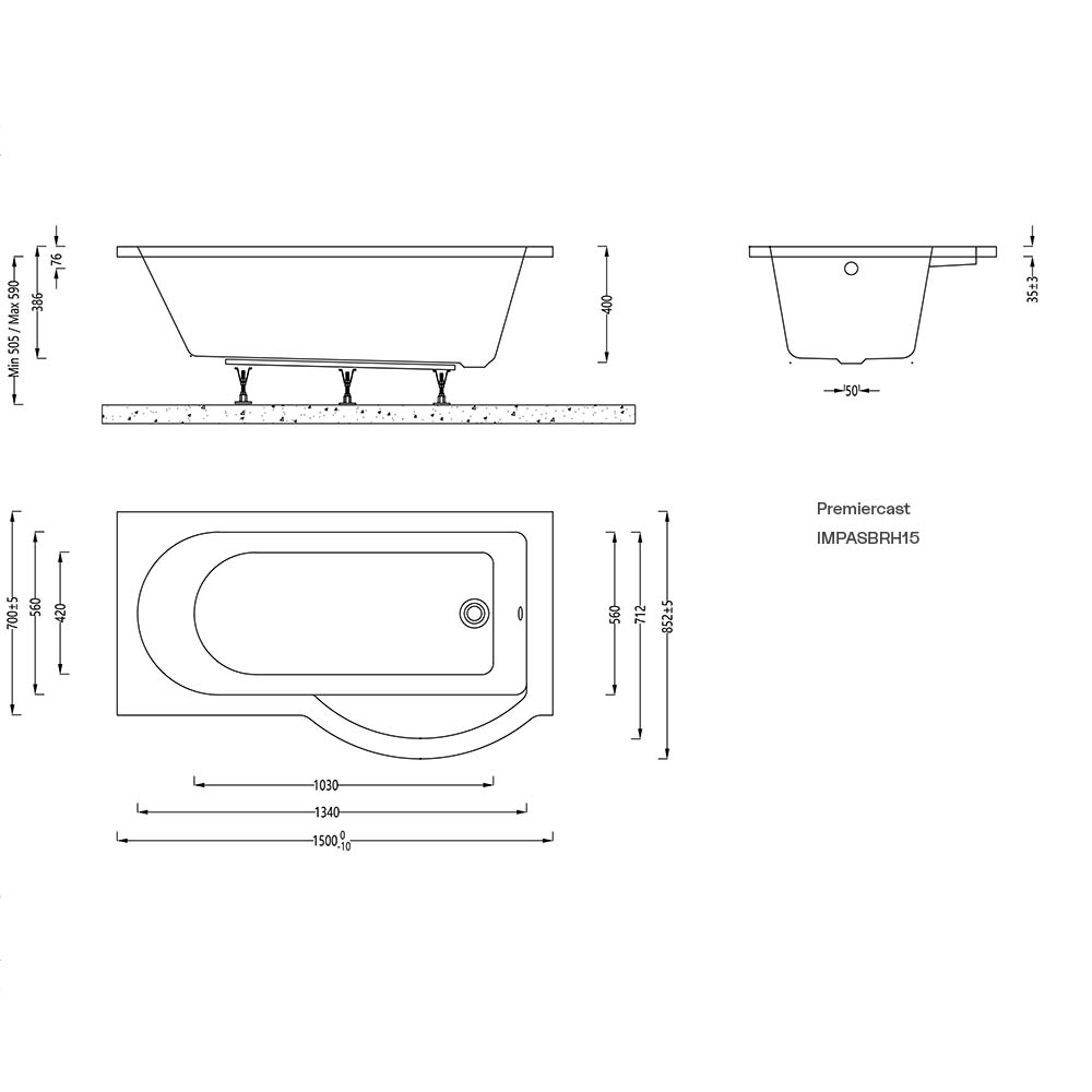 Imex Premiercast Arco shower bath 1500mm (inc. leg pack)
