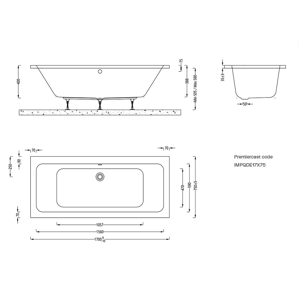 Imex Premiercast Multi layer Reinforced Quadro 1700×750 Double Ended Bath
