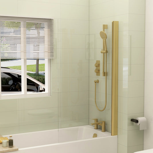 Universal handleless straight shower screen in brushed brass