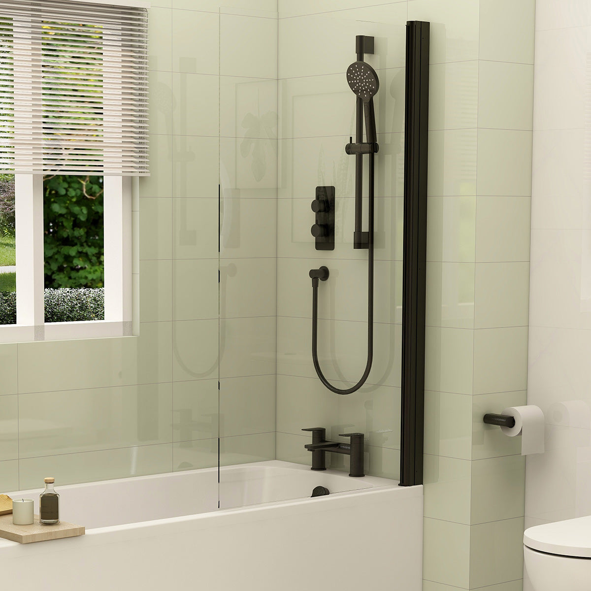 Universal handleless straight shower screen in matt black