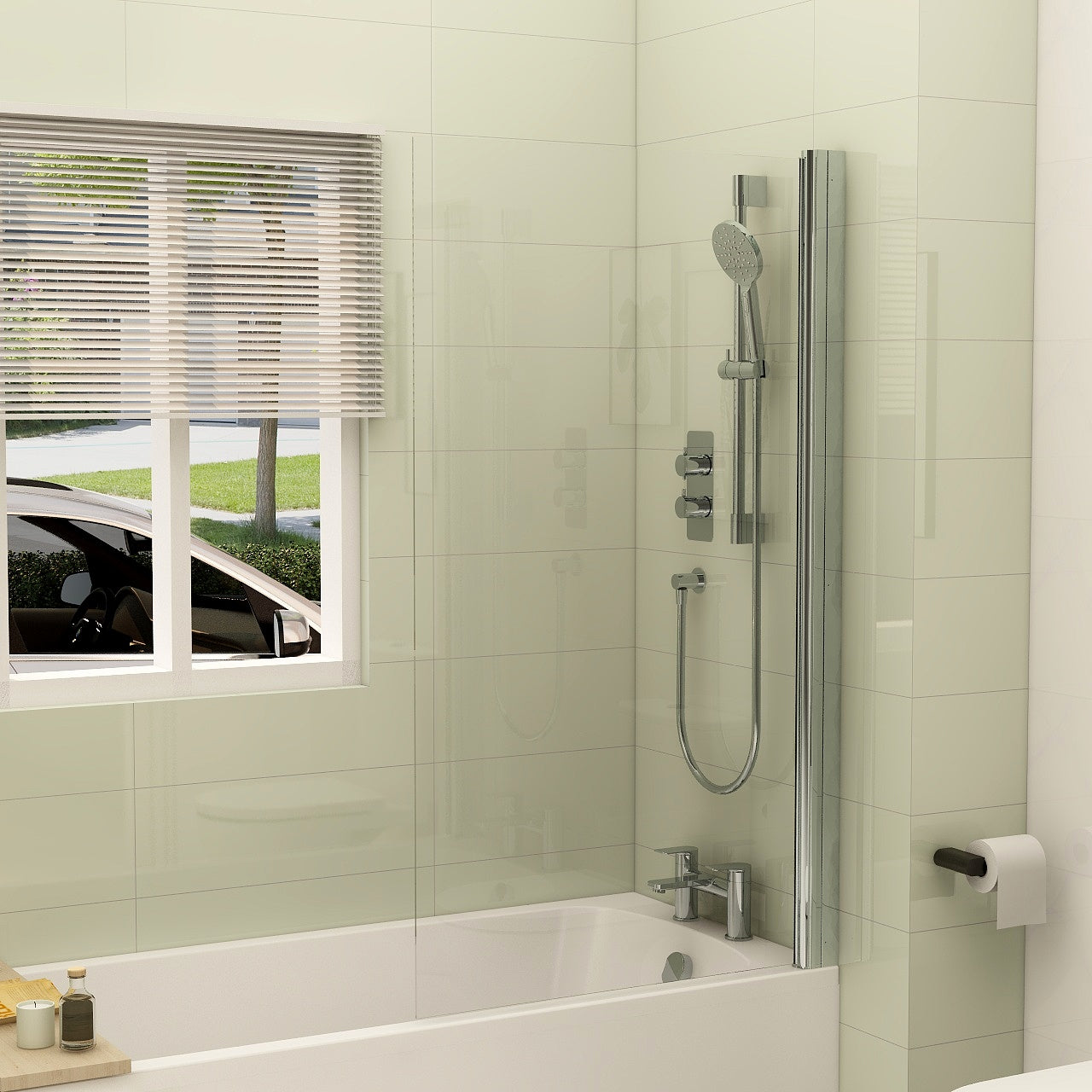 Universal handleless straight shower screen in chrome