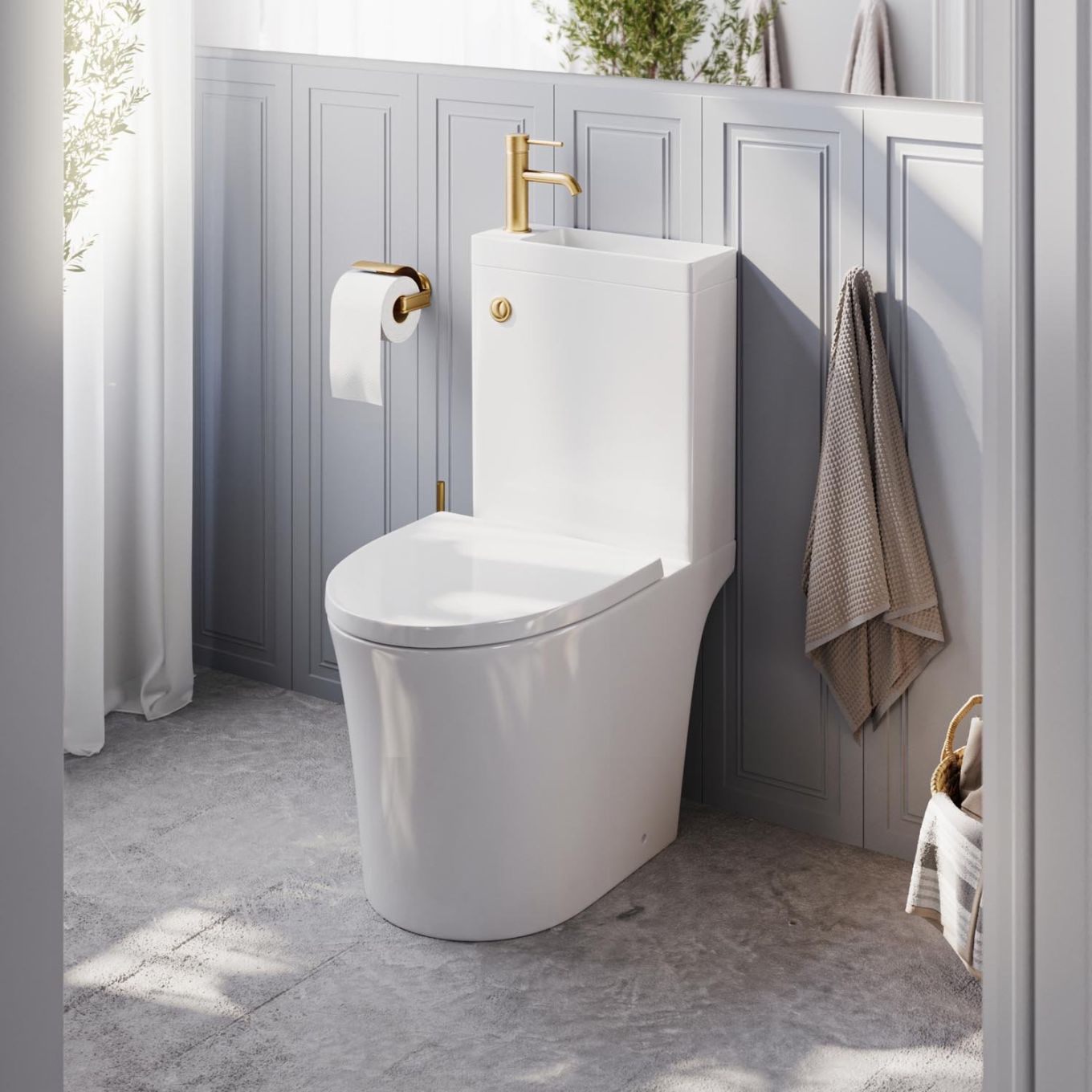 Anix Close Coupled Rimless 2-in-1 Combination Toilet & Basin with Gold Push Button