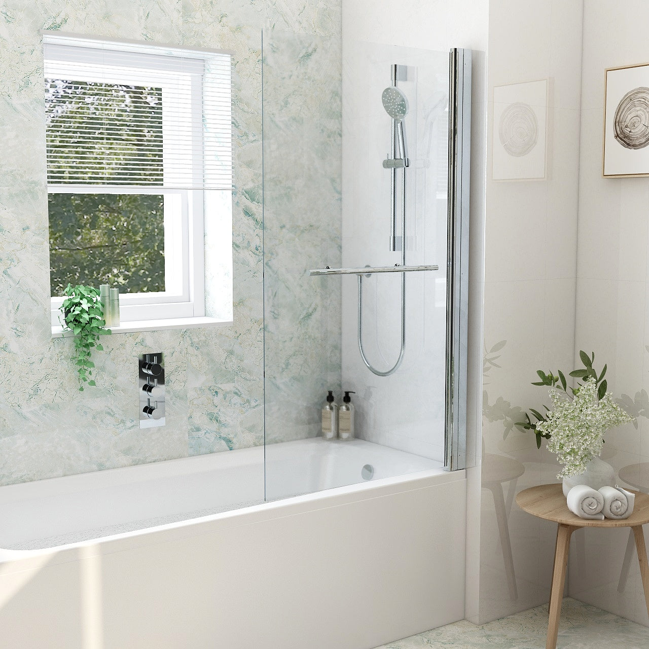 Universal straight bath screen in chrome with handle