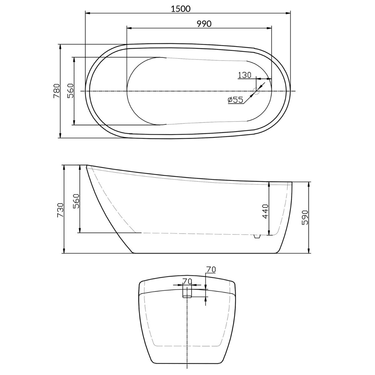 Isleworth Freestanding Acrylic Slipper Bath 1500x740mm