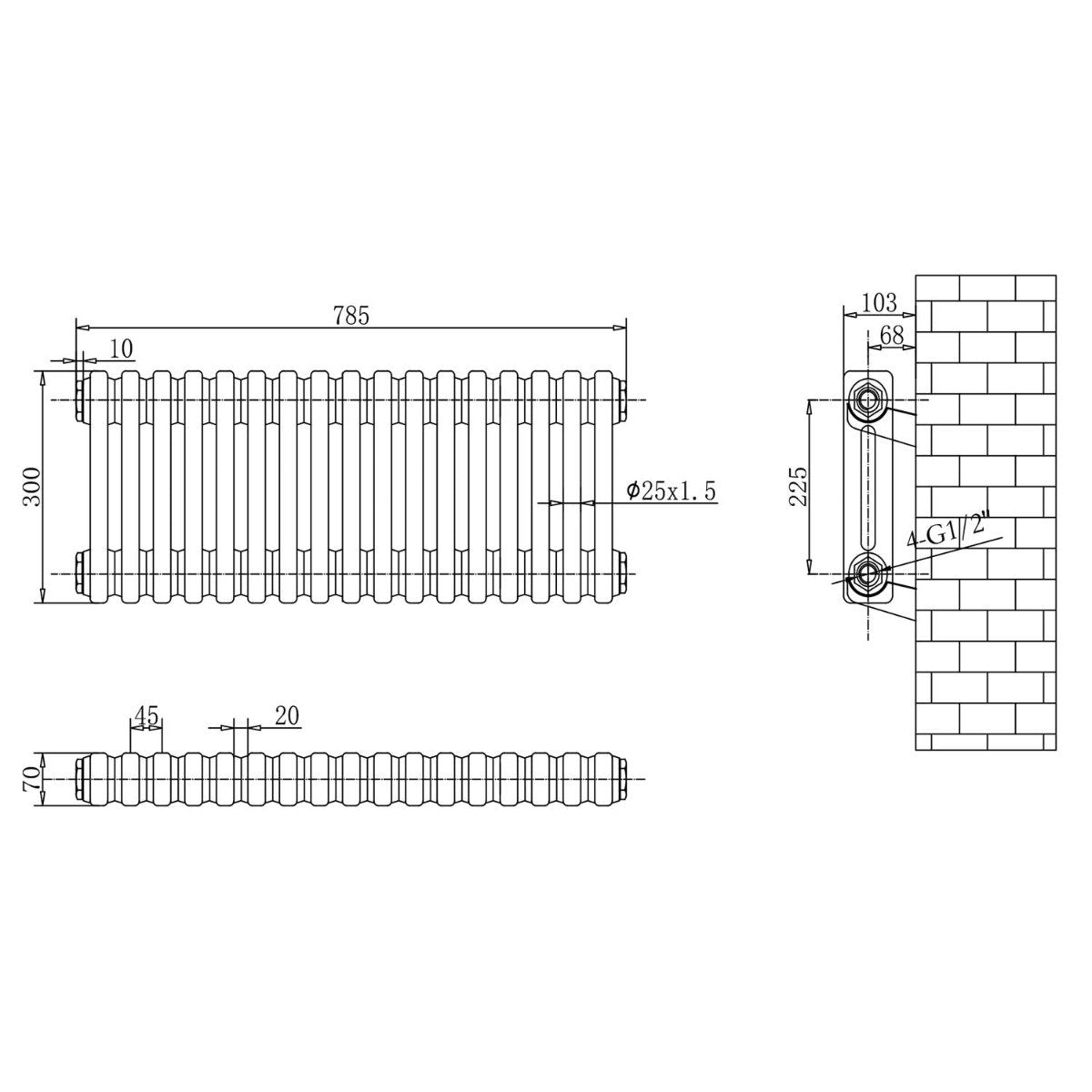 Upton Grey Double Horizontal Column Radiator 300x785mm