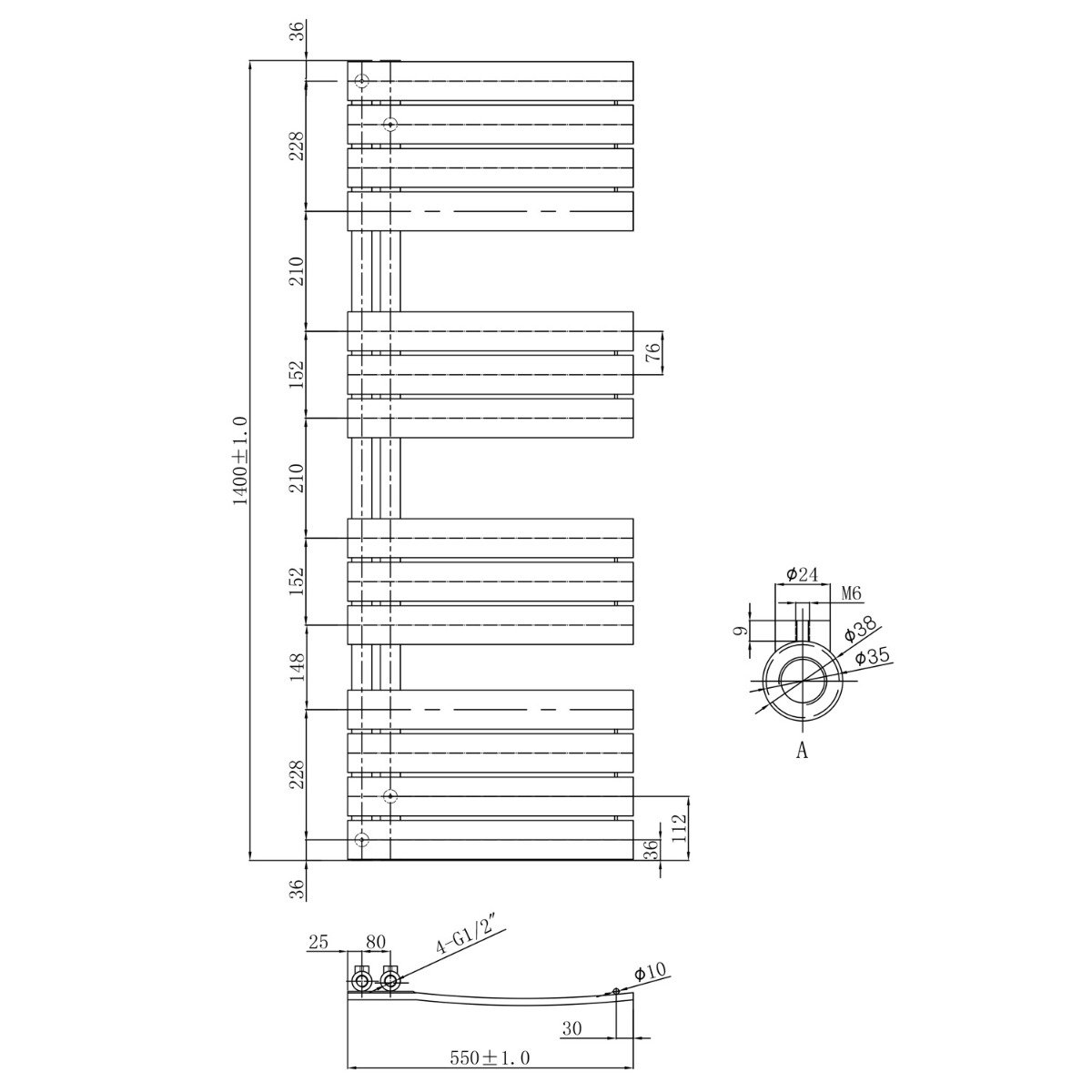 Tarvos Brushed Gold Heated Towel Rail 1400x550mm