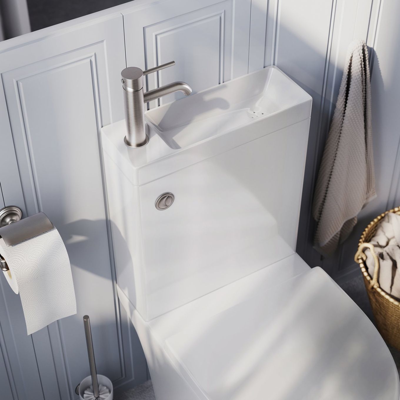 Anix Close Coupled Rimless 2-in-1 Combination Toilet & Basin with Nickel Push Button