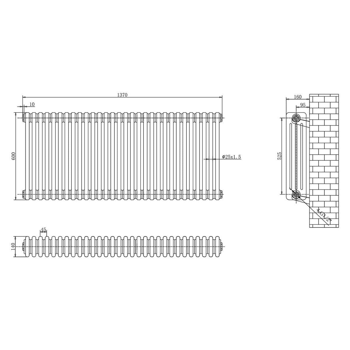 Upton White Quadruple Horizontal Column Radiator 600x1370mm