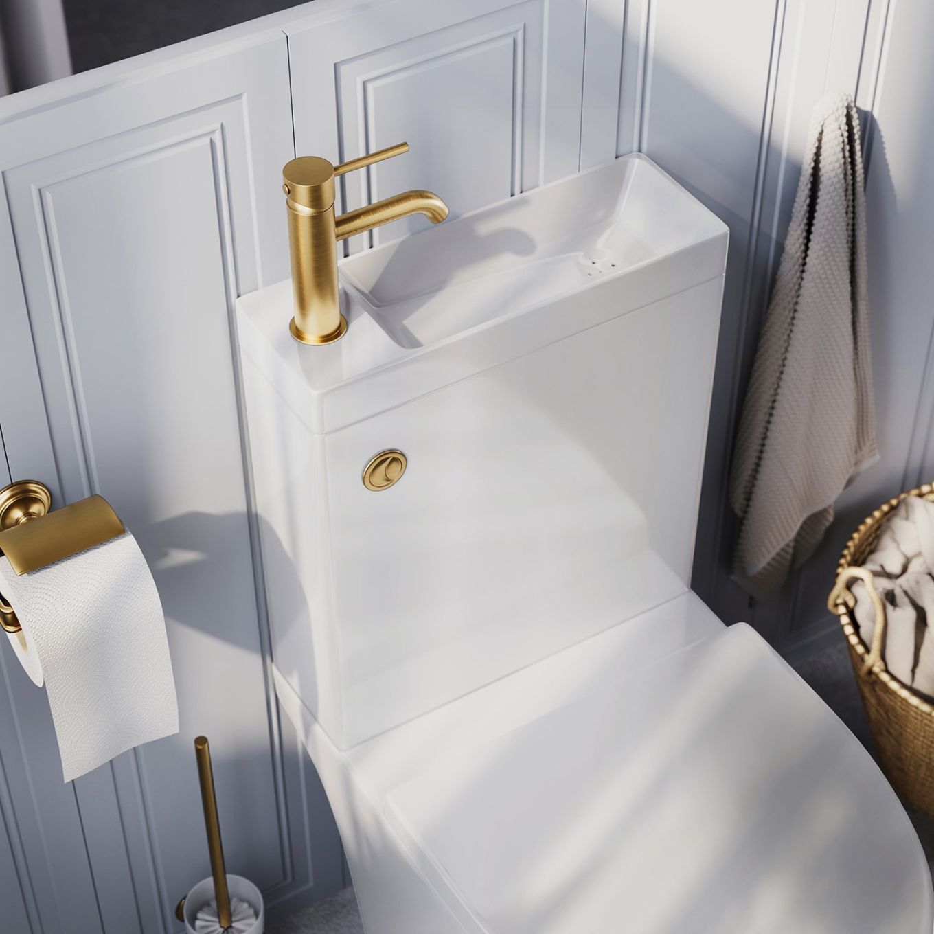 Anix Close Coupled Rimless 2-in-1 Combination Toilet & Basin with Gold Push Button