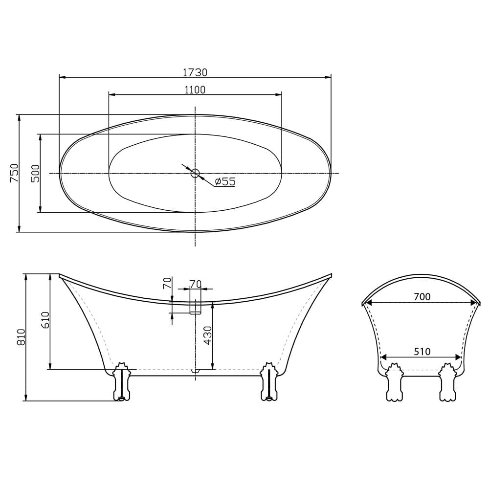 Ahana Traditional Freestanding Bath with Chrome Claw Feet 1730x750mm