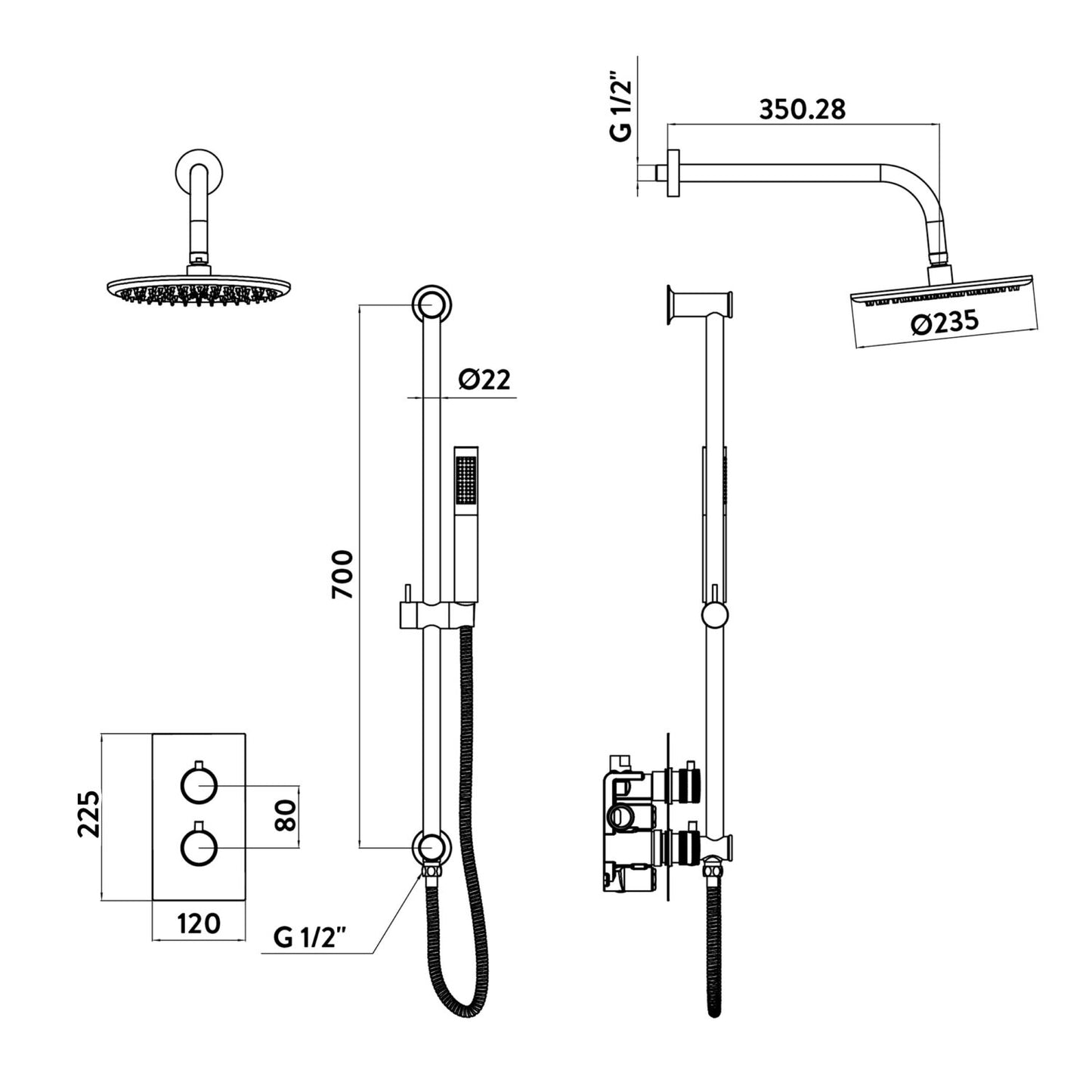 Core Chrome Round Handle, Head & Handset Riser Kit