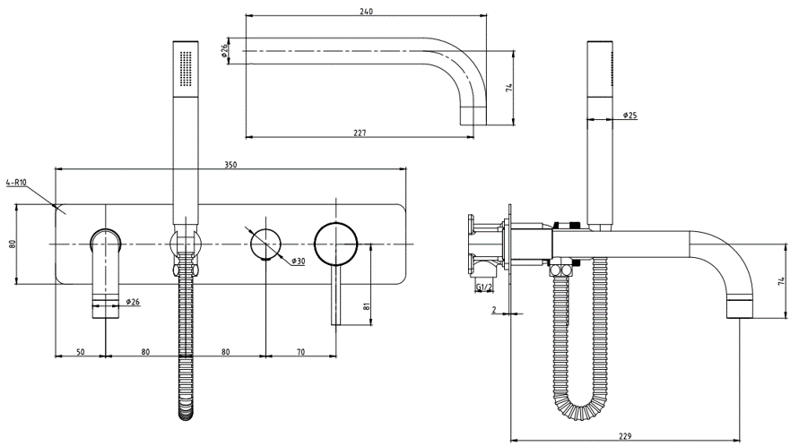 Wall Mounted Bath Shower Mixer & Handset Brushed Bronze